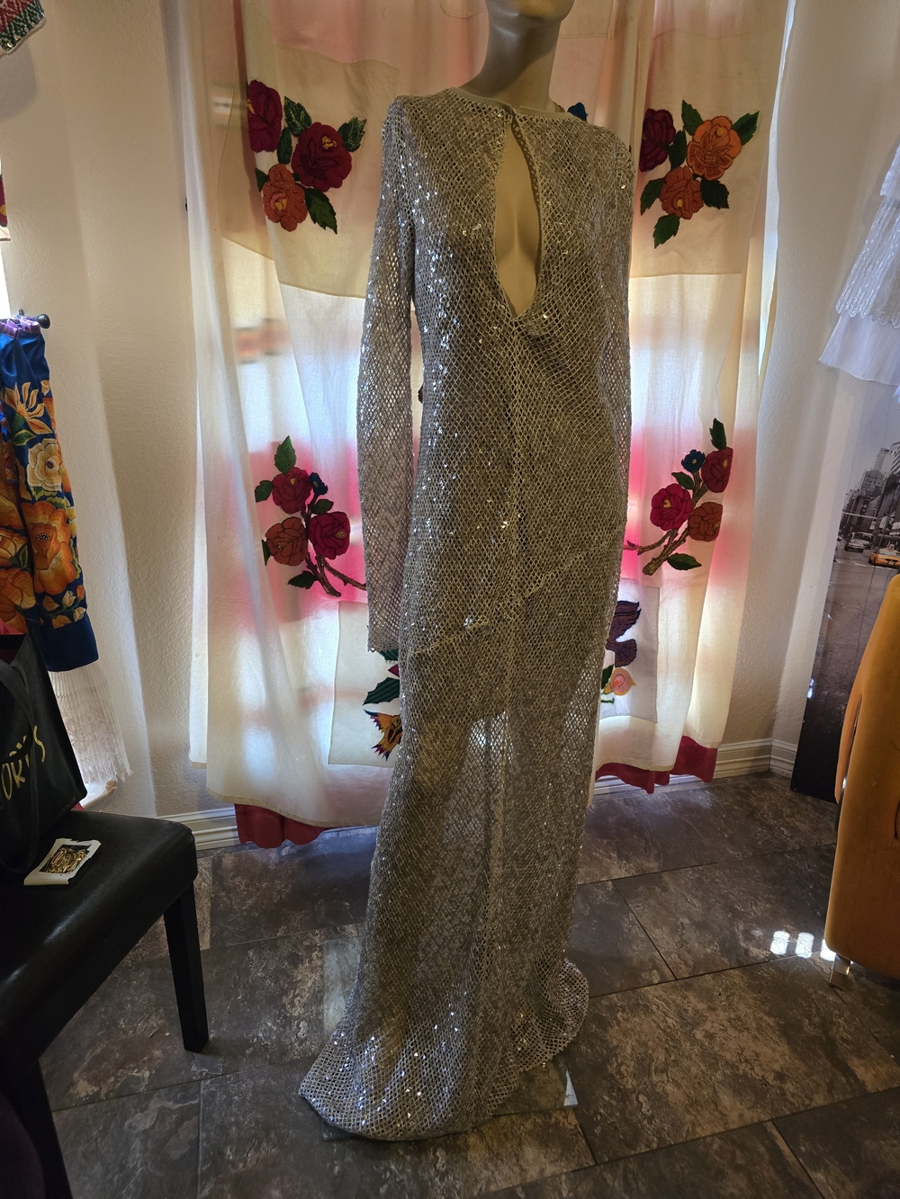 Brunello Cucinelli Silver Sequin Maxi Gown with Keyhole
